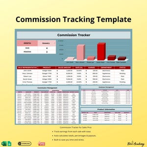 Puede incluir: Una plantilla de seguimiento de comisiones titulada "Commission Tracking Template". La plantilla incluye un rastreador de comisiones, datos de ventas y secciones de gestión de empleados. La plantilla está diseñada para profesionales de ventas e incluye un gráfico de barras.