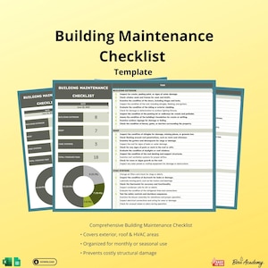 Könnte beinhalten: Eine Vorlage für eine Gebäude-Wartungscheckliste mit hellgelbem Hintergrund. Die Checkliste enthält Abschnitte für die Gebäudeaußenhaut, das Dach und HLK-Systeme. Der Text "Building Maintenance Checklist" steht oben.