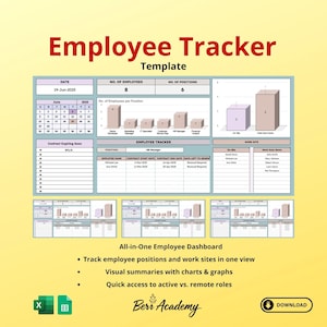 May include: An employee tracker template with the title "Employee Tracker Template" in red. The template includes sections for dates, employee numbers, positions, and charts. The bottom of the template has the text "All-in-One Employee Dashboard".