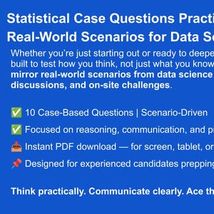 May include: A blue graphic with white text promoting a "Statistical Case Questions Practice Pack" for data science interviews. The text highlights 10 case-based questions, reasoning, and instant PDF download.