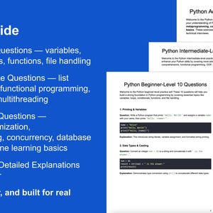 May include: A blue graphic with the text "What's Inside" and a list of Python programming topics. The image also shows three pages with Python questions for beginner, intermediate, and advanced levels. The text includes "Structured, clear, and built for real skill-building."