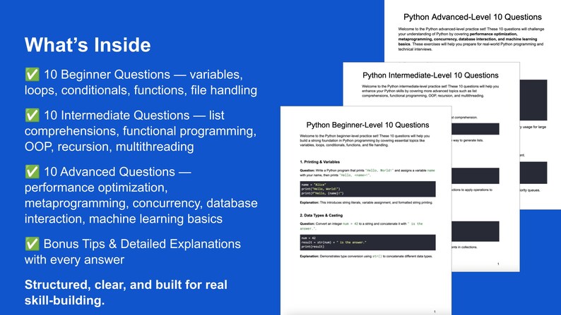 May include: A blue graphic with the text "What's Inside" and a list of Python programming topics. The image also shows three pages with Python questions for beginner, intermediate, and advanced levels. The text includes "Structured, clear, and built for real skill-building."