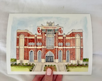 ¡Impresión de acuarela del estadio de fútbol de la Universidad de Oklahoma pintada a mano!