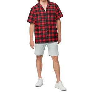 Unisex Red Plaid Button-Up Shirt – Half Sleeve Flannel Style Shirt