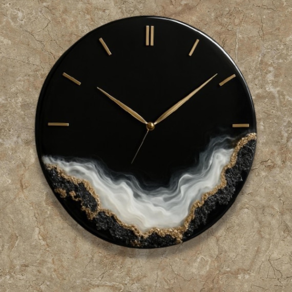 Reloj de pared de resina epoxi artesanal: arte moderno en negro y