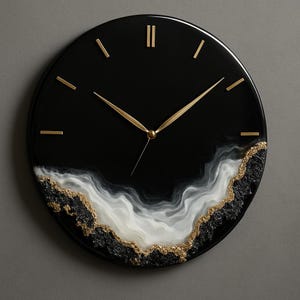 Handcrafted Epoxy Resin Wall Clock – Black and Gold Modern Art Timepiece – Black, White, and Gold Resin Art for Home
