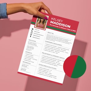 Modèle de toile rouge et vert pour club d'étudiantes | CV avec photo, lettre de motivation sororité, tableau d'ambiance, carte de visite urgente, remerciement PNM