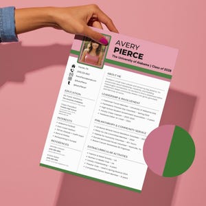 Modèle de toile rose et vert pour club d'étudiantes | CV avec photo, lettre de motivation sororité, tableau d'ambiance, carte de visite urgente, remerciement PNM