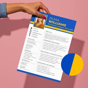 Modèle de toile bleu et jaune pour club d'étudiantes | CV avec photo, lettre de motivation sororité, tableau d'ambiance, carte de visite urgente, remerciement PNM