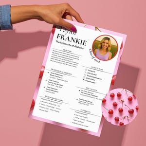 Modèle de toile de sororité Cherry | CV avec photo, lettre de motivation sororité, tableau d'ambiance, carte de visite urgente, mot de remerciement PNM