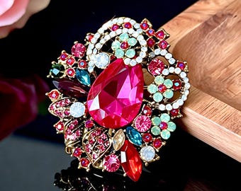 Colorful Crystal Floral Brooch Pin, Pink Teardrop Rhinestone Brooch, Statement Flower Jewelry, Multicolor Gemstone Pin, Elegant Gift for Her