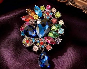 Sparkling Multicolor Crystal Brooch, Vintage Floral Rhinestone Pin, Blue Teardrop Dangle Jewelry, Colorful Statement Brooch, Gift for Her