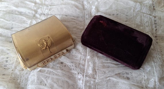 Set of 2 Vintage Bulova Watch Presentation Boxes, Vintage Purple Velvet Bulova Watch Box, Vintage Celluloid Art Deco Bulova Watch Box