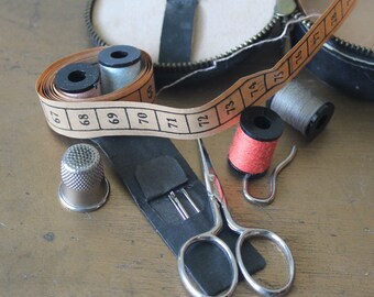 Vintage Black Leather Sewing Kit made in Austria, Vintage Sewing Kit, Vintage Needlepoint Sewing Case, Vintage Sewing, Sewing Notions