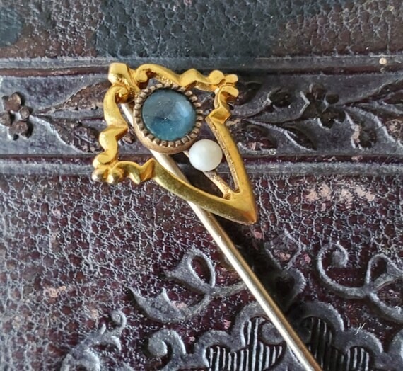 Antique Edwardian Blue Topaz Hat Pin, Gold and Topaz Hat Pin, Antique Hat Pin, Circa 1880's Hat Pin, Antique Topaz Stick Pin, Topaz Hat Pin
