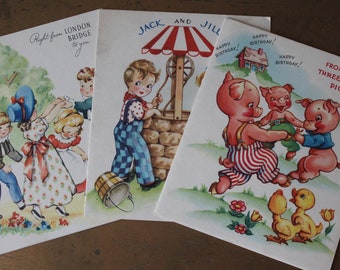 Vintage Nursery Rhyme Birthday Cards, Vintage Fairy Tale Birthday Cards, 3 Little Pigs Card, Jack and Jill Card, London Bridges Card