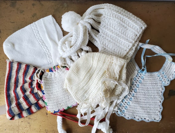 Lot of Vintage Crochet Baby/Doll Bonnets, Vintage Crochet Baby Bonnet, Lot of Vintage Crochet Baby/Doll Bonnets/Bib/Drawstring Purse, Baby