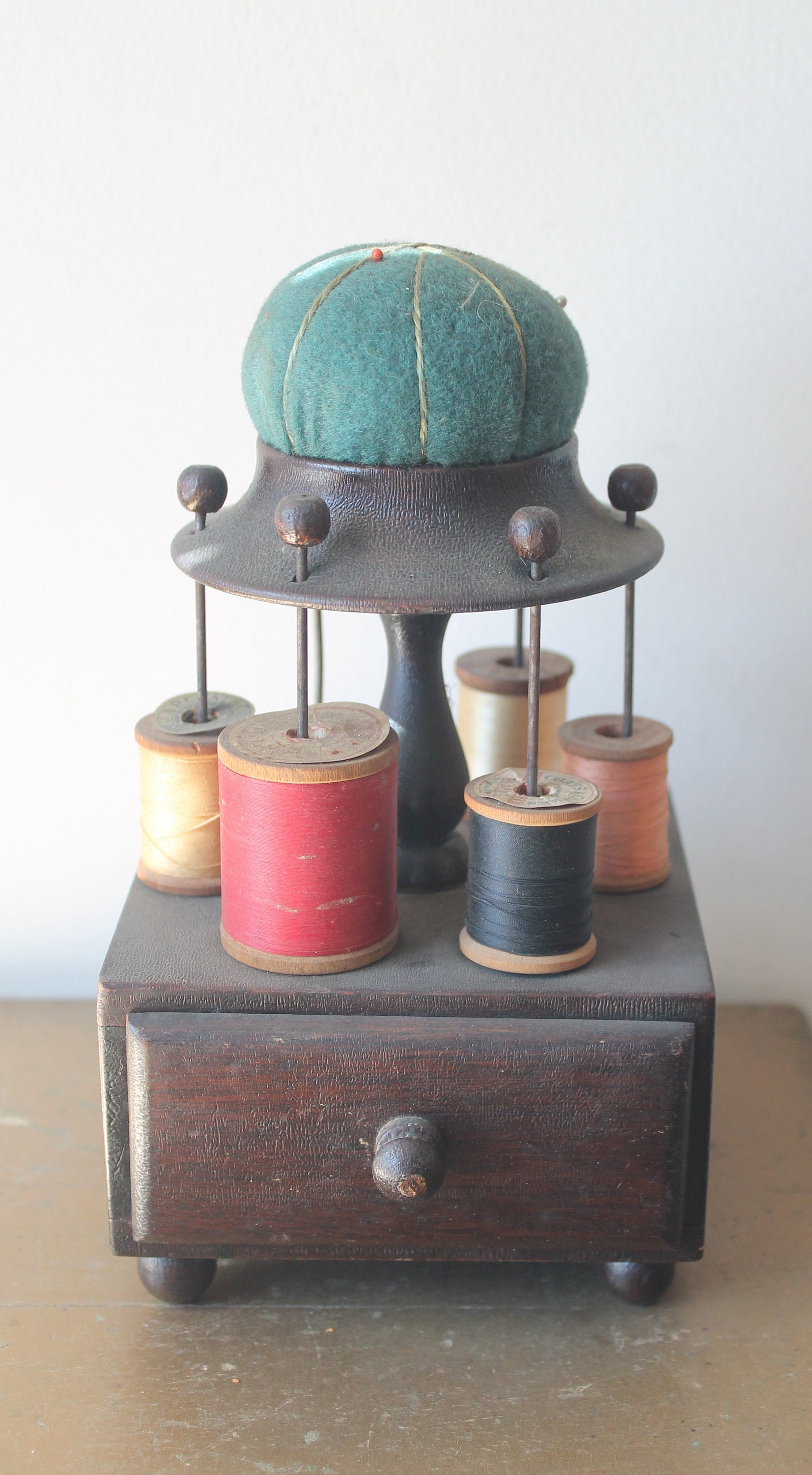 Antique Octagonal Thread Spool Holder / Thread Box + Pincushion