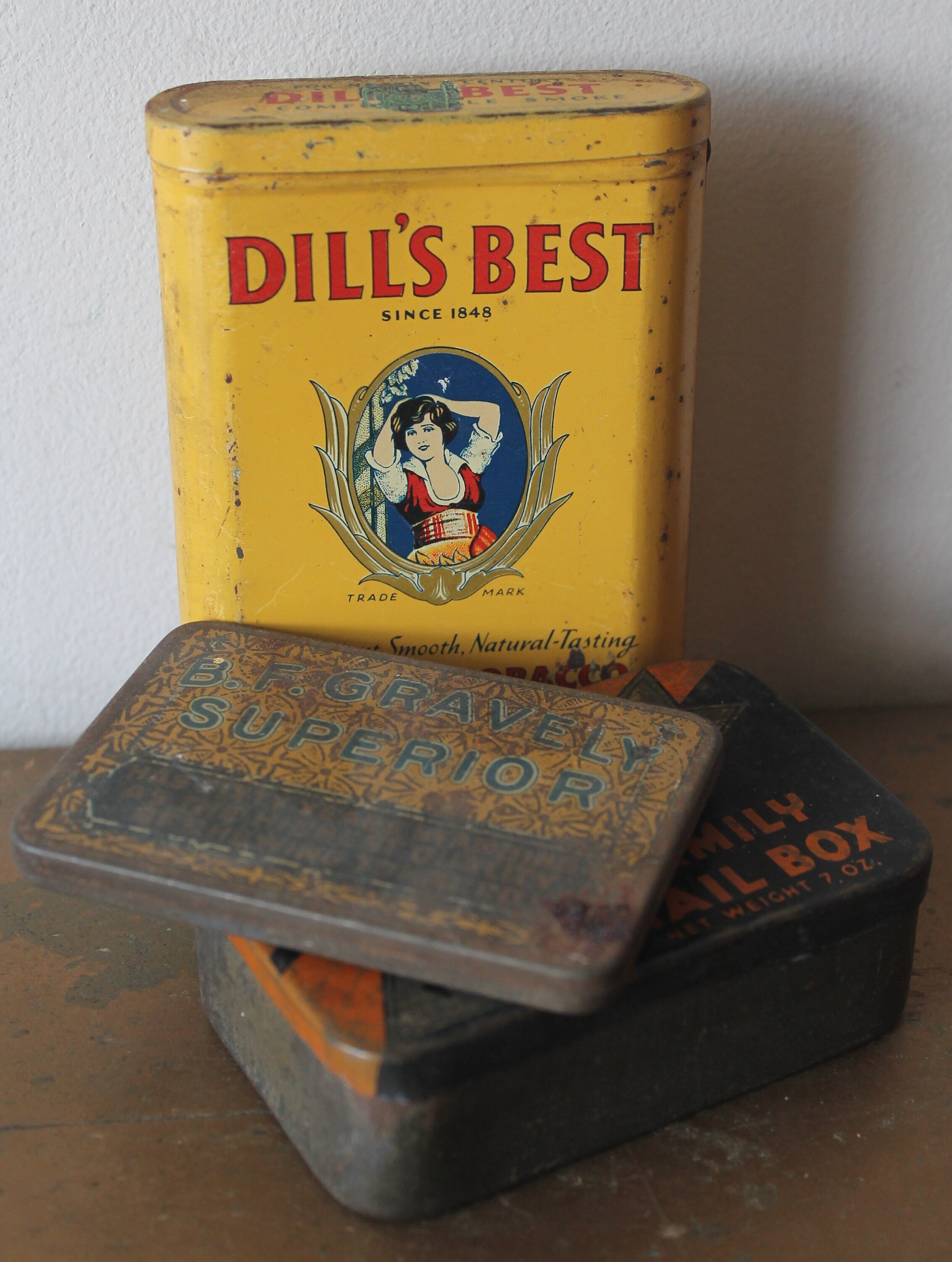 best tobacco tin Lot of Vintage Tins, Vintage Tobacco Tins, Dill's Best Smoking Tobacco Tin,  B.F. Gravely Superior Tobacco Tin, Vintage Dart Nail Box Tin
