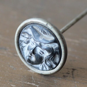 Vintage Victorian Sterling Lady Face Hat Pin, Vintage Victorian Lady Face Hat Pin, Vintage Victorian Sterling 8 Inch Lady Face Hat Pin image 1