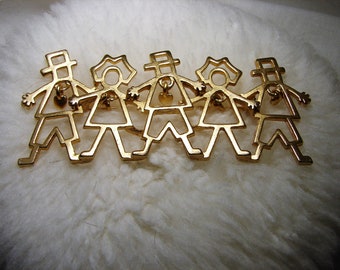 Broche Vintage Dorée AJC 8,3 Cm Avec 5 Personnages Et Cœurs Pendants - Décoratif
