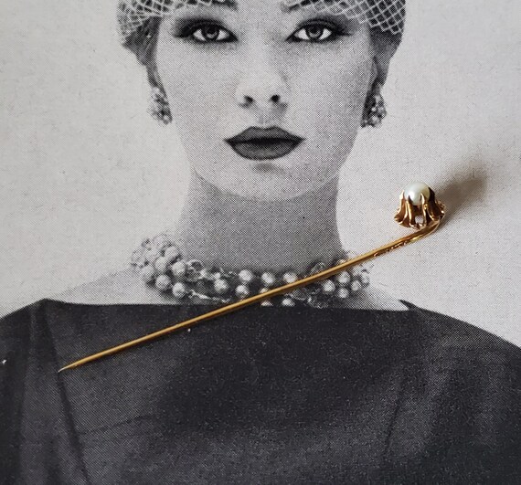 Antique 14K Pearl Hat Pin, Edwardian 14K Gold and Pearl Hat  display picture 3