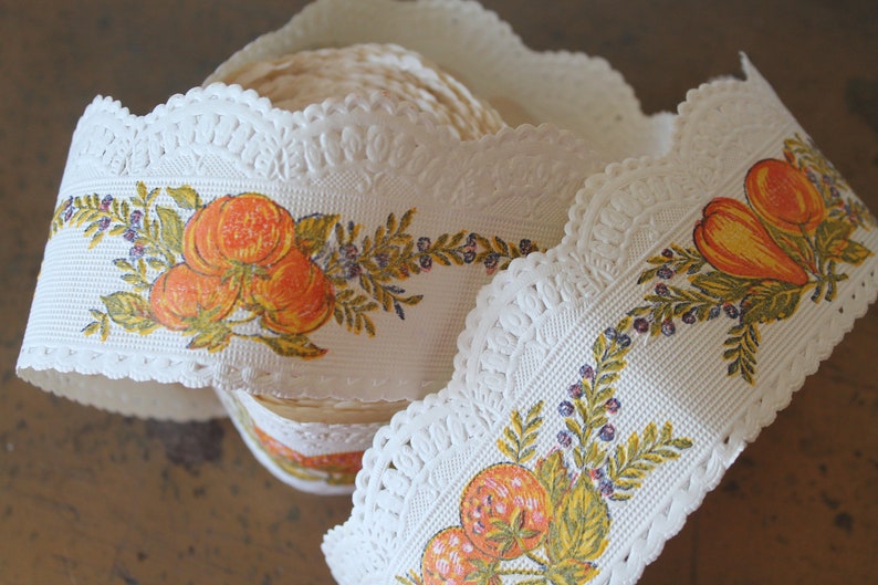 Puede incluir: Borde de encaje blanco con un borde festoneado y un patr&oacute;n repetido de fruta naranja y hojas verdes. El borde est&aacute; enrollado y listo para ser utilizado para manualidades o decoraci&oacute;n.