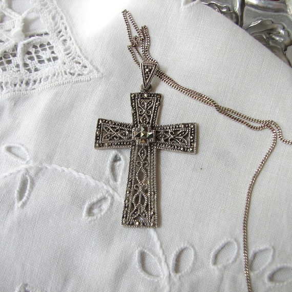 Vintage Sterling Marcasite Cross Necklace, Marcasi
