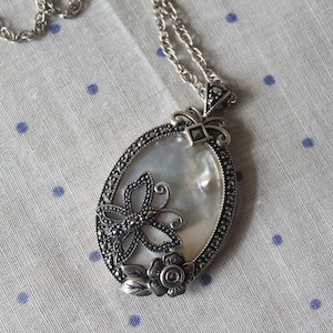Vintage Sterling Mother of Pearl Marcasite Butterfly Pendant, Vintage Sterling Marcasite Butterfly Necklace, Vintage Butterfly Pendant