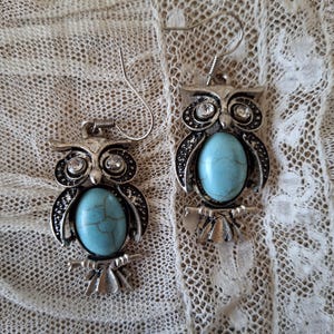Vintage Rhinestone Owl Earrings, Vintage Owl Earrings, Vintage Gemstone Owl Earrings, Rhinestone/Turquoise Owl Earrings, Owl Dangle Earrings