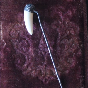May include: A silver pin with a white tooth-shaped charm. The pin is displayed on a dark purple velvet background.