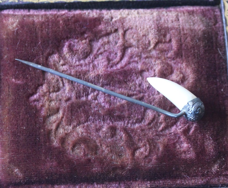 May include: A white bone pin with a silver filigree design on the end. The pin is on a dark purple velvet background.