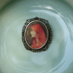 Antique Mini Portrait Brooch, Painted Mini Portrait, Antique 800 Silver Filigree Mini Portrait