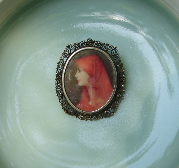 Antique Mini Portrait Brooch, Painted Mini Portrait, Antique 800 Silver Filigree Mini Portrait