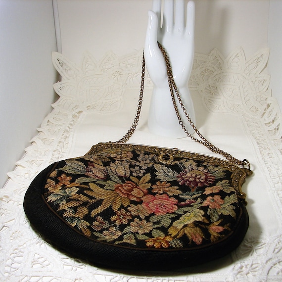 Antique Needle Point Purse, Floral Tapestry Purse,
