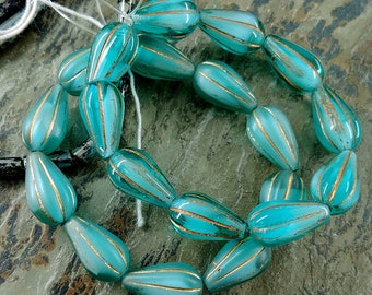 092 6 Teal with White Core and Brown Wash Fluted Glass Czech Melon Drop Beads 22x11mm