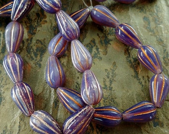 092 6 Teal with White Core and Brown Wash Fluted Glass Czech Melon Drop Beads 22x11mm