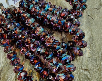 Light Sapphire, Topaz, Blue Picasso, 7x5mm, Faceted Puffy Rondelles, Czech Glass, 25 beads per strand, Priced per Strand