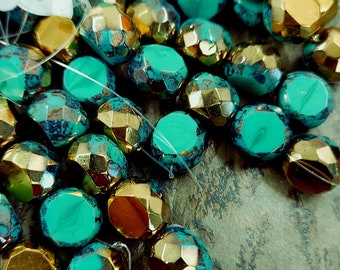 Sea Green, Bronze Luster, 12mm, Table Cut, Rounds, Czech Glass, 5 pieces per strand, Priced per strand