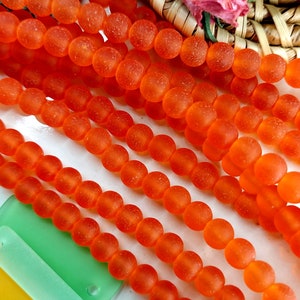 Tangerine Orange, Sea Glass, Contemporary, 6mm, Smooth Rounds, 8 inch strands, 35 pieces, Priced per Strand