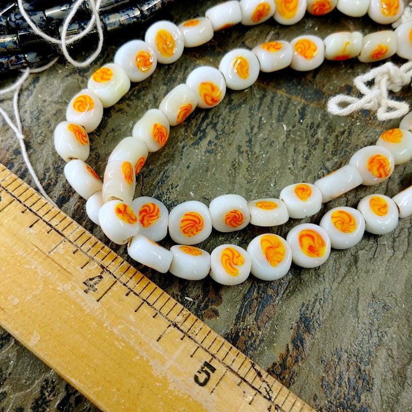 Indonesian, Lampwork, Glass Beads, 8mm, Flat Rounds, White, Orange, Flower,  Dot, Millefiori, 26 beads, Priced per strand