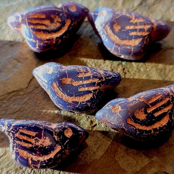 Opal Purple, Copper Wash, ETCHED, Bird, 11x22mm, Czech Glass, 2 pieces per strand, Priced per set