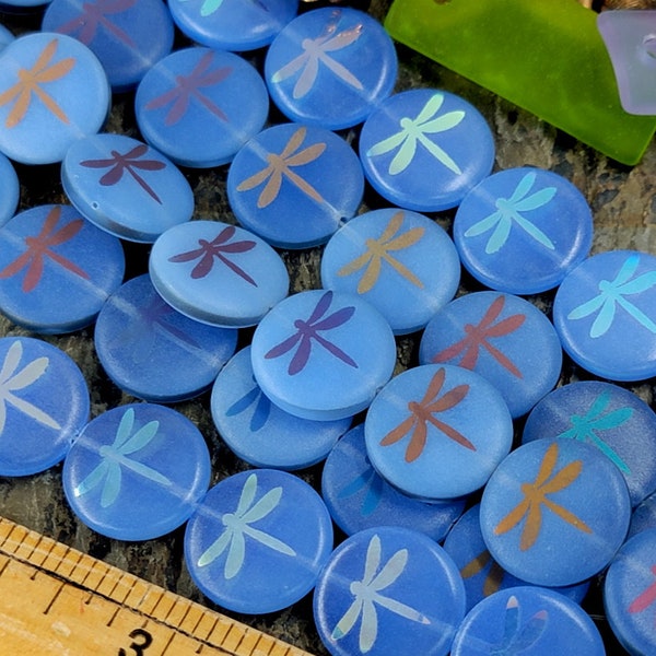 Sapphire Blue, Opaline, AB, 16mm, MATTE, Dragonfly Coin, Czech Glass, Laser Cut, Priced per piece