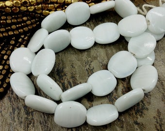 Indonesian, Lampwork, Glass Beads, 16x15mm, Puffed Oval, White, 14 beads, Priced per strand