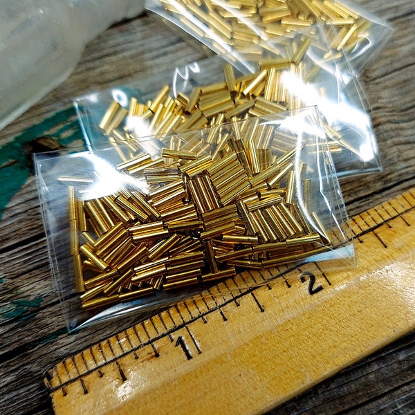 Liquid Gold, Smooth, Bugles, 6x1mm, 18 Karat, Gold Plated, Brass, American Made, 5 grams per bag, Priced per bag