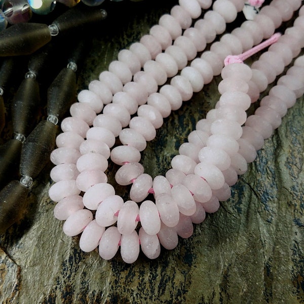 Rose Quartz, 8x5mm, MATTE, LARGE HOLE, Smooth Rondelles, 8 inch strand, 38 beads, Priced per Strand