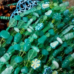 Czech Glass Mix, Mixed Greens, Premium Glass Mix, 6 inch strands, Priced per strand
