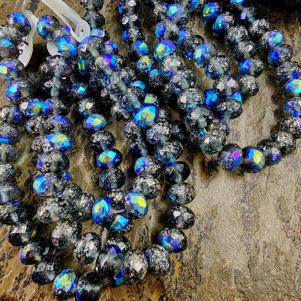 Montana Blue, Silver Picasso, AB, 7x5mm, Faceted Puffy Rondelles, Czech Glass, 25 beads per strand, Priced per Strand