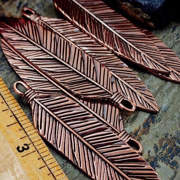 Feather, Extra Large, Pendant, Drop, 72x18, Antiqued, Copper Plated, TierraCast, Made in the United States, Solid Brass, Priced per piece