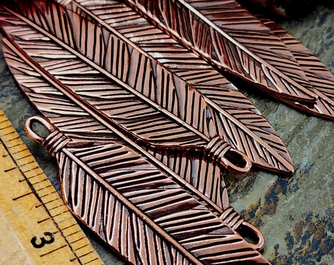 Featured listing image: Feather, Extra Large, Pendant, Drop, 72x18, Antiqued, Copper Plated, TierraCast, Made in the United States, Solid Brass, Priced per piece